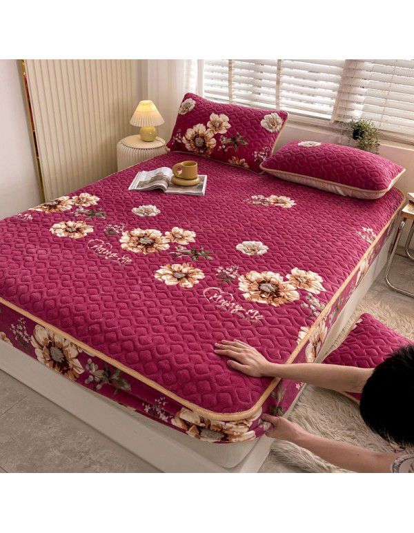 New Milk Down Fitted Sheet One Piece Winter Flange Coral Down Thickened Cotton Fitted Sheet Stuffed Anti slip Protection Mattress