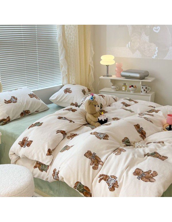 Ins fresh tulip milk velvet four piece set floral coral velvet bed sheet winter thickened quilt cover warm bed