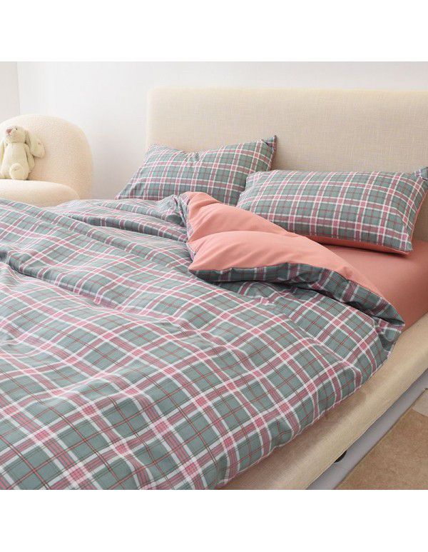 Japanese non printing feng shui cotton four piece set, active printing and dyeing thickened brushed bed sheet, student dormitory three piece set
