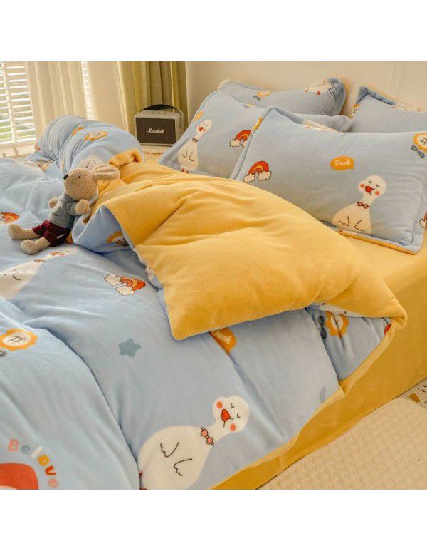 Autumn and winter thickened milk velvet bed four piece set, double-sided plush warm coral velvet bed sheet and quilt cover, three piece set wholesale
