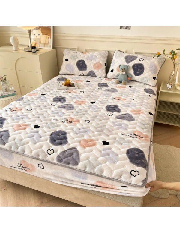 Autumn and winter new class A milk velvet fitted sheet, soybean antibacterial cotton clip thickened bedspread, Farai velvet warm protective cover