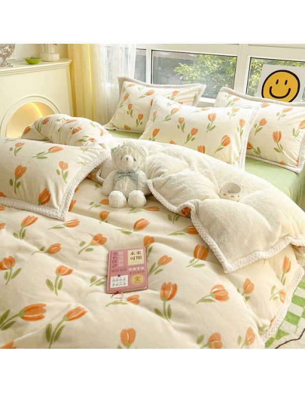 Ins Winter Milk Wool 4-Piece Rabbit Wool Quilt Cover Sheet Pastoral Warm Upset Double Sided Wool Bedding 4