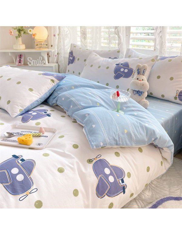 Mengjiuran 60 Thread Count Small Fresh Cotton 4-Piece Set Autumn and Winter Cotton 3-Piece Dormitory Flat Sheet Quilt Cover Fitted Sheet