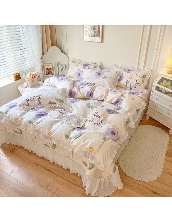 Ins Small fresh pure cotton bed sheet quilt cover fall and winter cotton bed cover three piece quilt fitted sheet four piece quilt cover