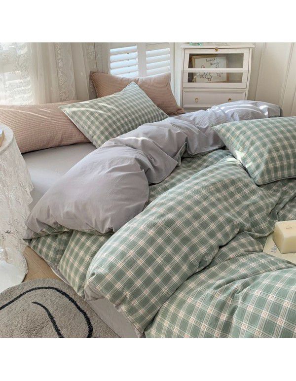 Cotton Yarn dyed Washed Cotton Four Piece Set Pure Cotton Printless Manufacturer Direct Sales Bedding, Quilt Cover, Japanese Style Good Fitted Sheet Wholesale