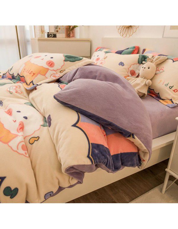 Winter four piece milk velvet thickened warm small fresh flannel quilt cover bedspread bedding live wholesale