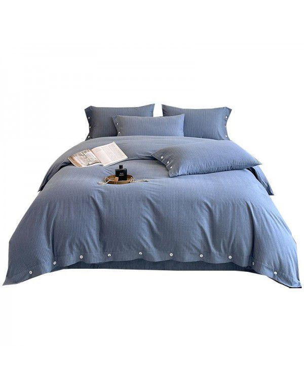Good thick brushed 4-piece set of all cotton pure cotton simple stripes in autumn and winter