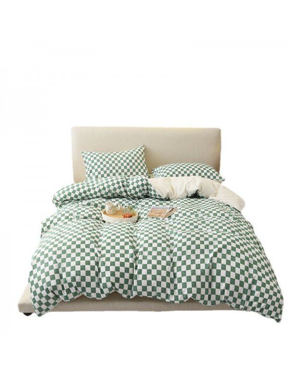 Japanese non printing feng shui cotton four piece set, active printing and dyeing thickened brushed bed sheet, student dormitory three piece set