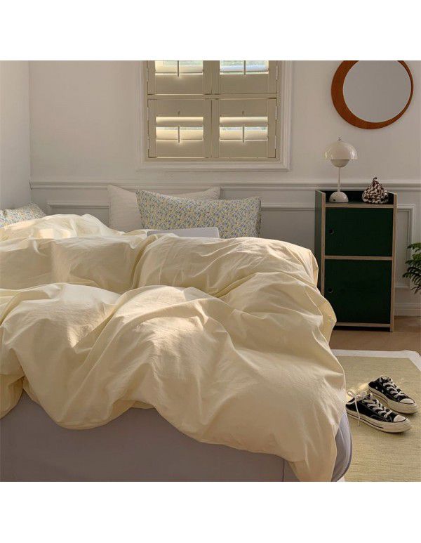 New Washed Cotton Solid Color Four Piece Set ins Style Cotton Student Dormitory Flat Sheet Fitted Sheet Home Stay Simple Home Textile