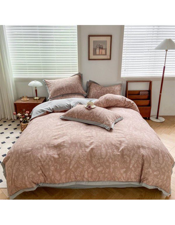 New Autumn and Winter Pure Class A Washed Cotton and Hemp 4-Piece Double Layer Yarn Cotton Small Fresh Quilt Cover Flat Sheet Live Broadcast Hot Sale