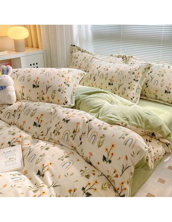 Autumn and winter thickened milk velvet bed four piece set, double-sided plush warm coral velvet bed sheet and quilt cover, three piece set wholesale