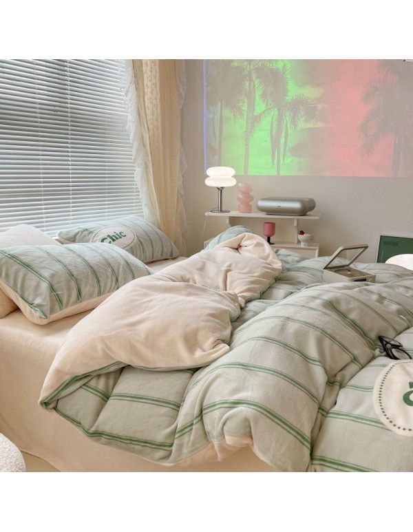 Ins fresh tulip milk velvet four piece set floral coral velvet bed sheet winter thickened quilt cover warm bed