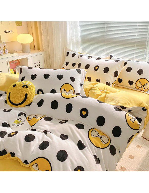 Autumn and winter thickened milk velvet bed four piece set, double-sided plush warm coral velvet bed sheet and quilt cover, three piece set wholesale