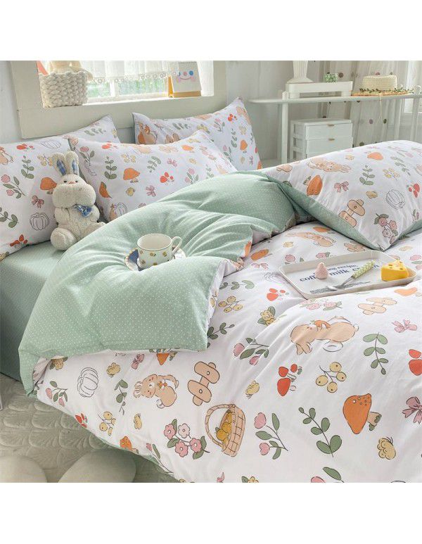 Mengjiuran 60 Thread Count Small Fresh Cotton 4-Piece Set Autumn and Winter Cotton 3-Piece Dormitory Flat Sheet Quilt Cover Fitted Sheet