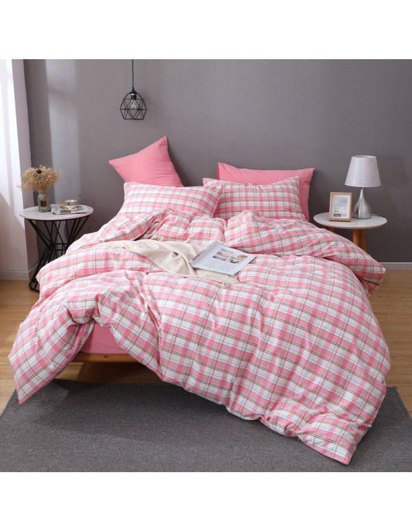 All cotton washed cotton four piece set simple cotton checked quilt cover bedspread sets supplied directly by the manufacturer for wholesale