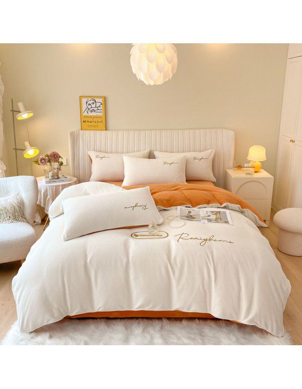 Solid Light Luxury Embroidery Milk Fleece Four Piece Set Double Combination Thickened Coral Fleece Duvet Cover Autumn and Winter Golden Mink Fleece Flat Sheet Fitted Sheet