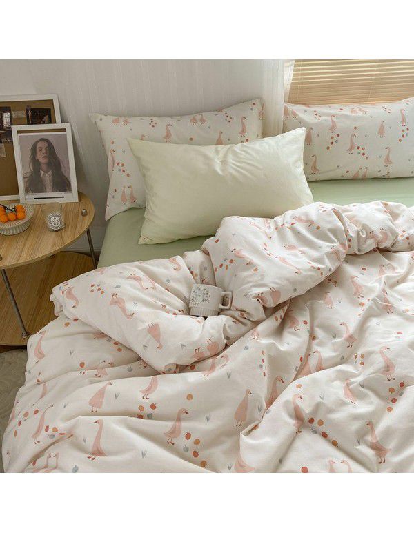 Ins style pure cotton four piece set, all cotton cartoon small fresh bed sheet, fitted sheet, quilt cover, nude sleep, color contrast