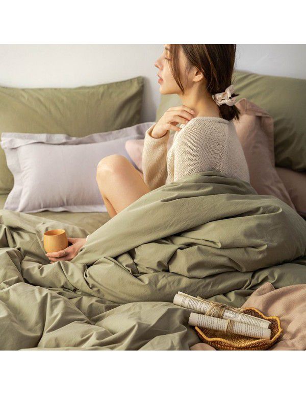 Simple solid color, 100% cotton, spring and autumn four piece set, 1.5 bed linen, quilt cover, bed sheet, fitted sheet, bed linen