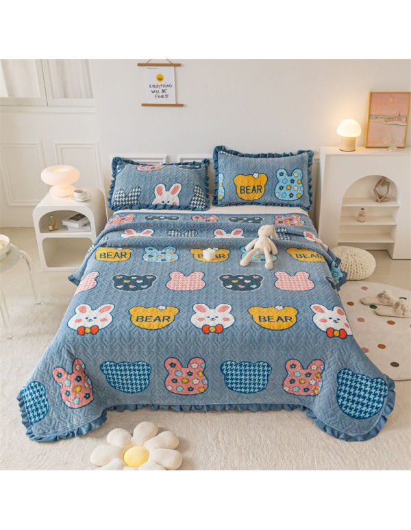 Autumn and winter thickened milk velvet bed cover three piece quilted cotton crystal velvet blanket lace warm blanket sub sheet