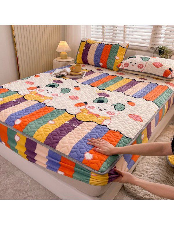 New Milk Down Fitted Sheet One Piece Winter Flange Coral Down Thickened Cotton Fitted Sheet Stuffed Anti slip Protection Mattress