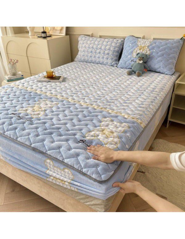 Autumn and winter new class A milk velvet fitted sheet, soybean antibacterial cotton clip thickened bedspread, Farai velvet warm protective cover