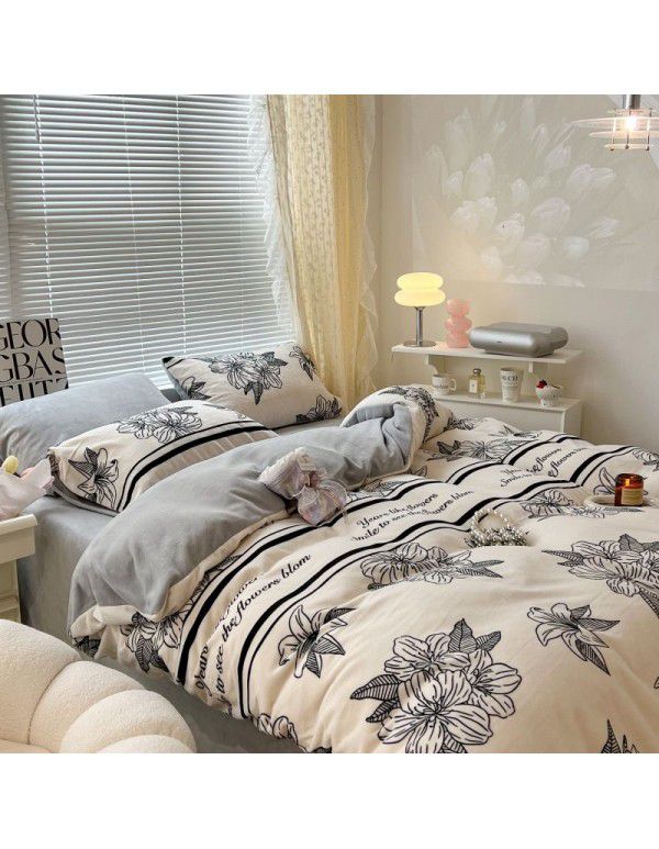 Ins fresh tulip milk velvet four piece set floral coral velvet bed sheet winter thickened quilt cover warm bed