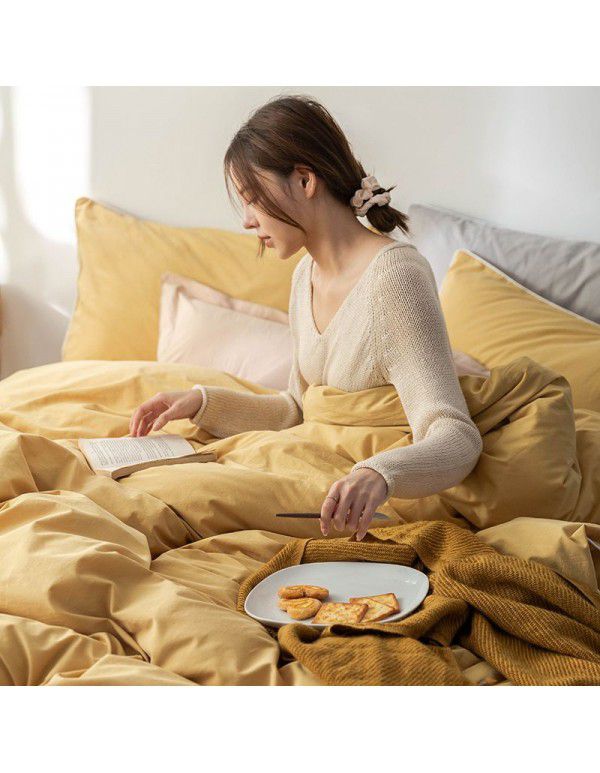 Simple solid color, 100% cotton, spring and autumn four piece set, 1.5 bed linen, quilt cover, bed sheet, fitted sheet, bed linen