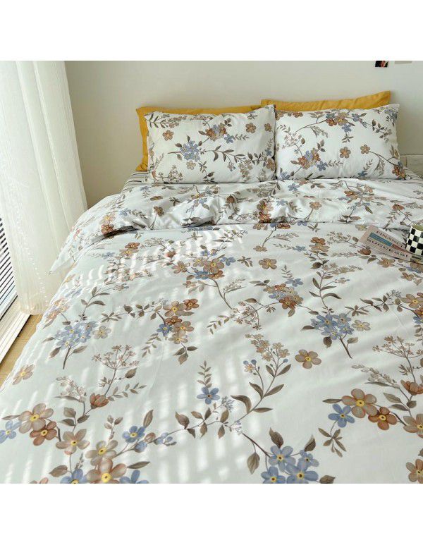 Nantong Xiaoqingxin Floral Four piece Set 100% Cotton Bedding Sheet and Quilt Cover Dormitory Three piece Nude Sleeping Set