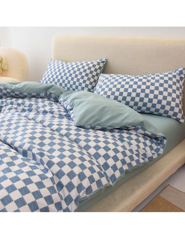 Japanese non printing feng shui cotton four piece set, active printing and dyeing thickened brushed bed sheet, student dormitory three piece set