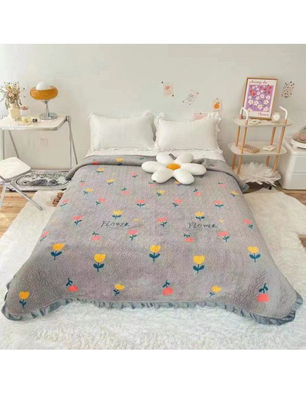 Autumn and winter thickened milk velvet bed cover three piece quilted cotton crystal velvet blanket lace warm blanket sub sheet