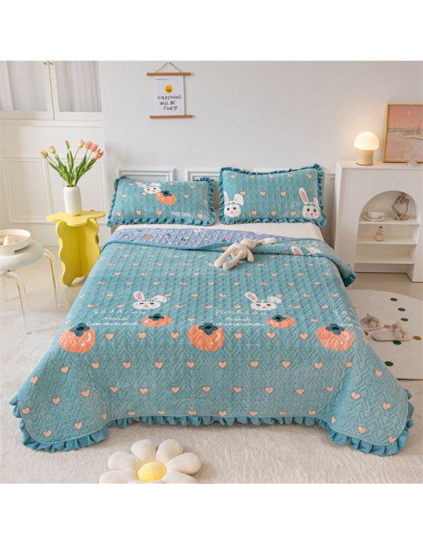 Autumn and winter thickened milk velvet bed cover three piece quilted cotton crystal velvet blanket lace warm blanket sub sheet