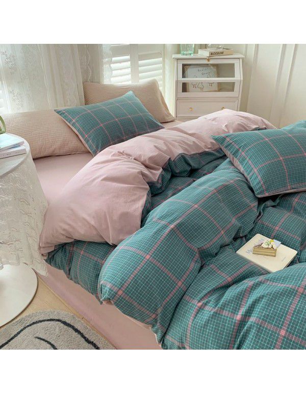 Cotton Yarn dyed Washed Cotton Four Piece Set Pure Cotton Printless Manufacturer Direct Sales Bedding, Quilt Cover, Japanese Style Good Fitted Sheet Wholesale