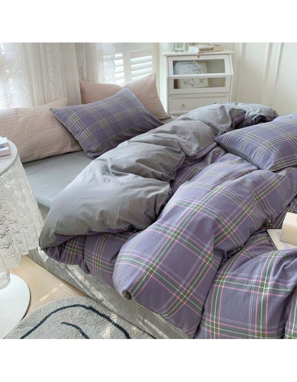 Cotton Yarn dyed Washed Cotton Four Piece Set Pure Cotton Printless Manufacturer Direct Sales Bedding, Quilt Cover, Japanese Style Good Fitted Sheet Wholesale
