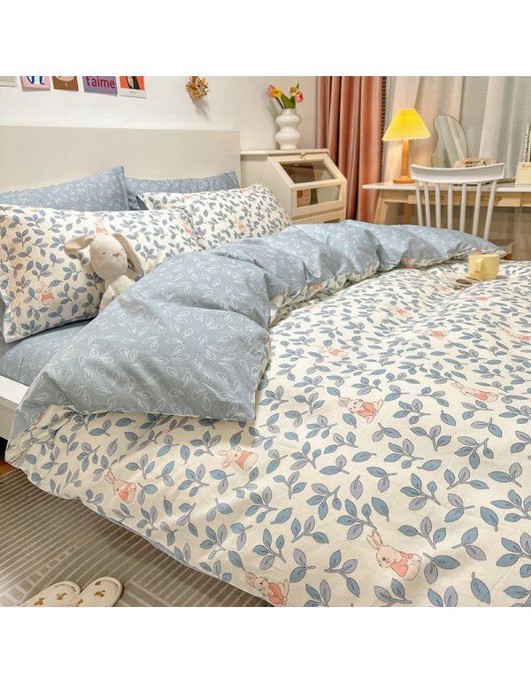 Four piece set in bed, all cotton Nordic style four piece set, 100 cotton spring and autumn bed sheet, fitted sheet, single dormitory set
