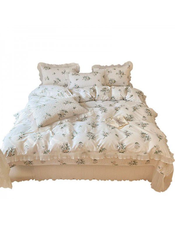 Ins Small fresh pure cotton bed sheet quilt cover fall and winter cotton bed cover three piece quilt fitted sheet four piece quilt cover