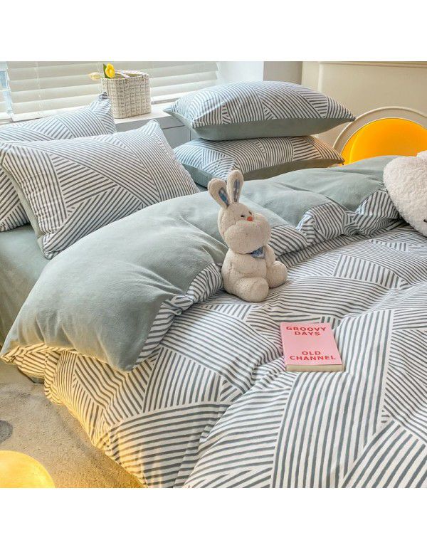 Winter A pure cotton B milk velvet bedding 4-piece set thickened cotton coral velvet quilt cover flange flannel bedspread