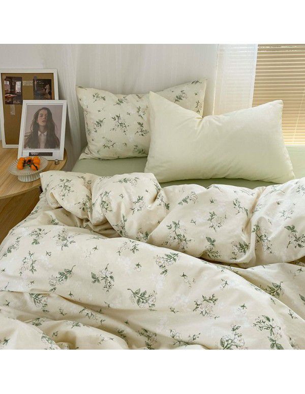 Ins style pure cotton four piece set, all cotton cartoon small fresh bed sheet, fitted sheet, quilt cover, nude sleep, color contrast