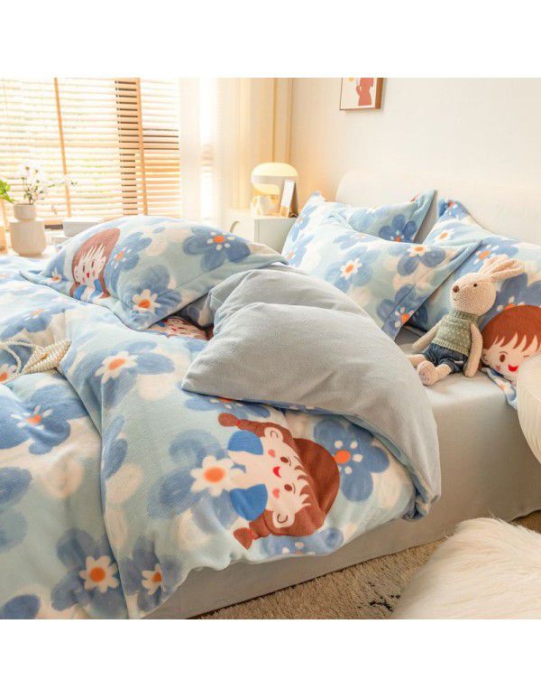 Winter four piece milk velvet thickened warm small fresh flannel quilt cover bedspread bedding live wholesale