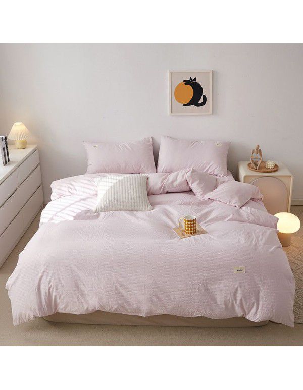 New Waffle simple solid color four piece single double bed sheet quilt cover four piece fitted sheet set three piece set wholesale