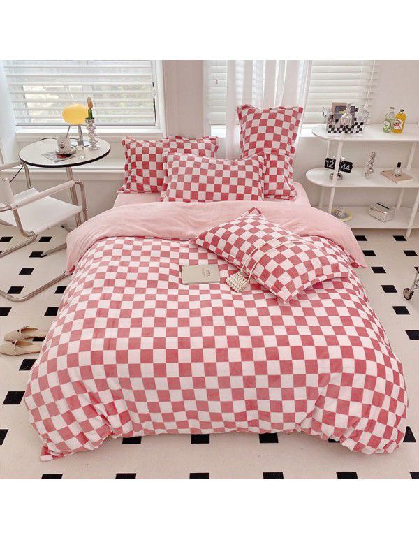 Milk velvet four piece set checkerboard thickened warm bed sheet Fitted sheet Bedding set One piece wholesale