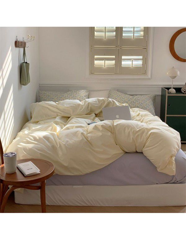 New Washed Cotton Solid Color Four Piece Set ins Style Cotton Student Dormitory Flat Sheet Fitted Sheet Home Stay Simple Home Textile