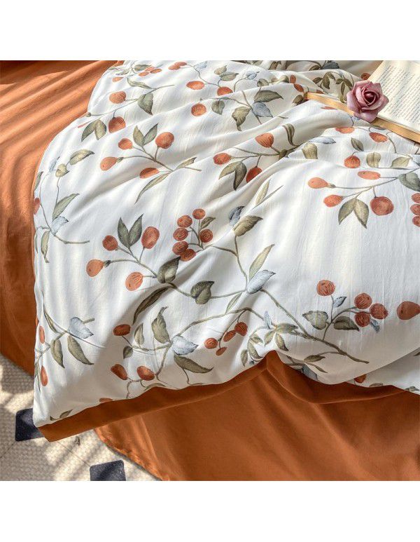 New Autumn and Winter Pure Class A Washed Cotton and Hemp 4-Piece Double Layer Yarn Cotton Small Fresh Quilt Cover Flat Sheet Live Broadcast Hot Sale