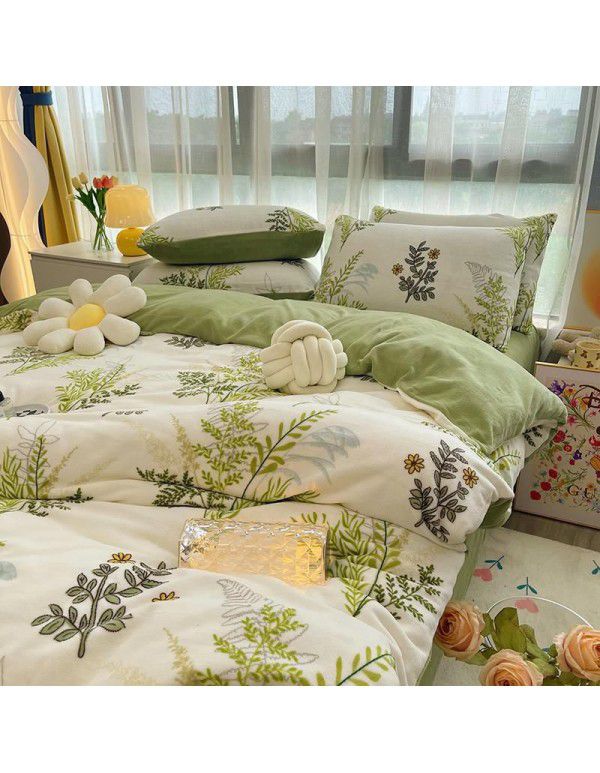 Autumn and winter cartoon small fresh milk velvet four piece set plush double faced plush thickened bed sheet quilt cover bed three piece set