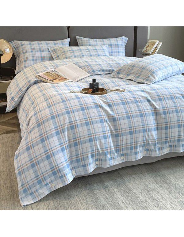 Good thick brushed 4-piece set of all cotton pure cotton simple stripes in autumn and winter