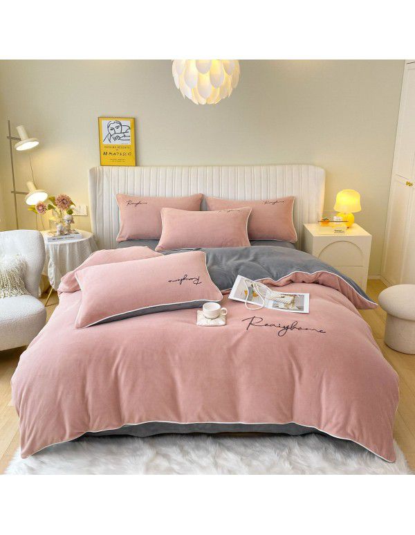 Solid Light Luxury Embroidery Milk Fleece Four Piece Set Double Combination Thickened Coral Fleece Duvet Cover Autumn and Winter Golden Mink Fleece Flat Sheet Fitted Sheet