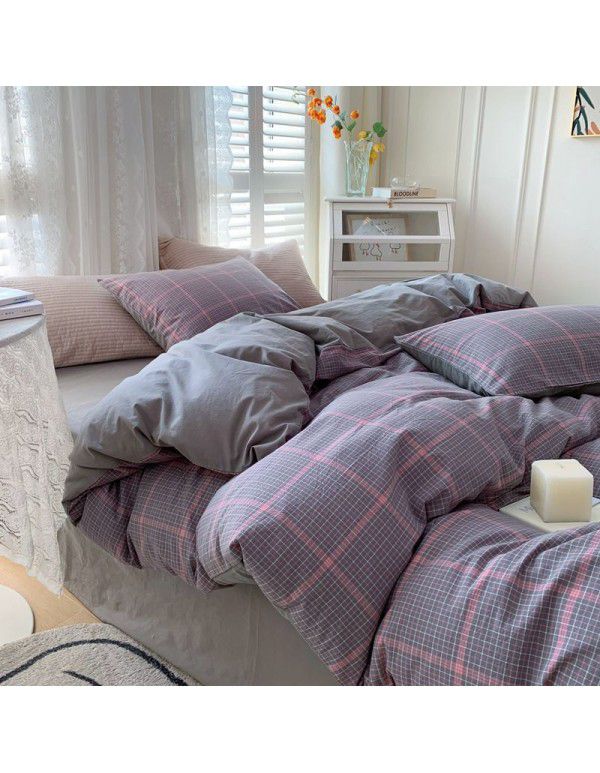 Cotton Yarn dyed Washed Cotton Four Piece Set Pure Cotton Printless Manufacturer Direct Sales Bedding, Quilt Cover, Japanese Style Good Fitted Sheet Wholesale
