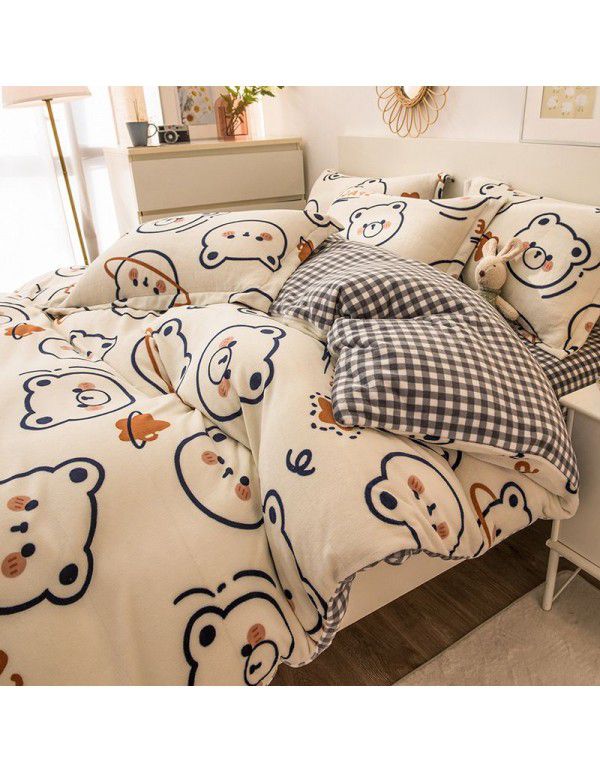 Winter four piece milk velvet thickened warm small fresh flannel quilt cover bedspread bedding live wholesale