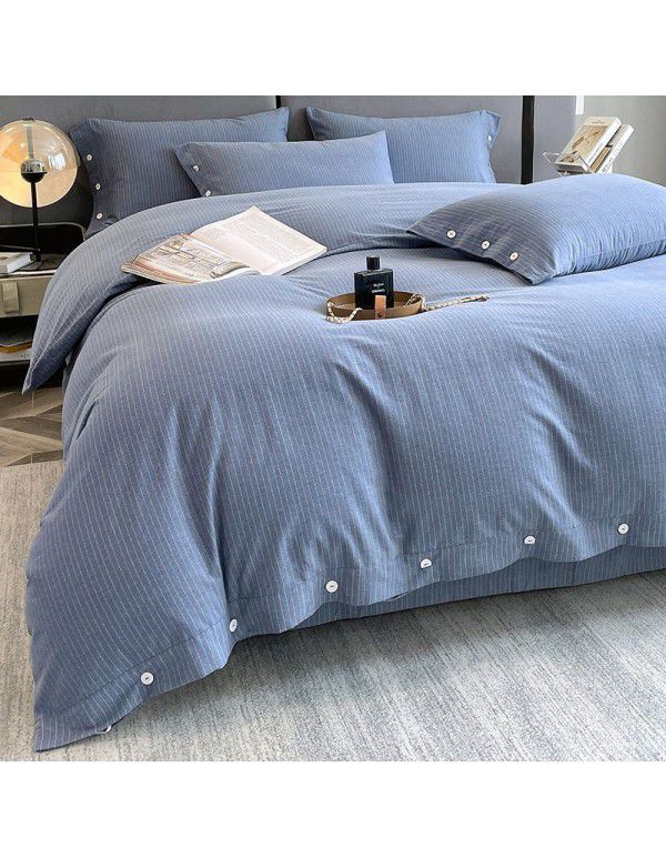 Good thick brushed 4-piece set of all cotton pure cotton simple stripes in autumn and winter