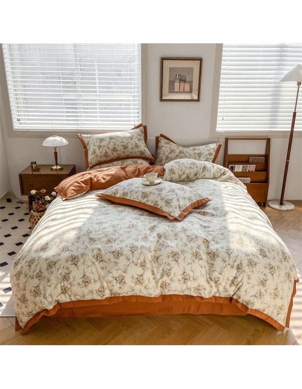 New Autumn and Winter Pure Class A Washed Cotton and Hemp 4-Piece Double Layer Yarn Cotton Small Fresh Quilt Cover Flat Sheet Live Broadcast Hot Sale