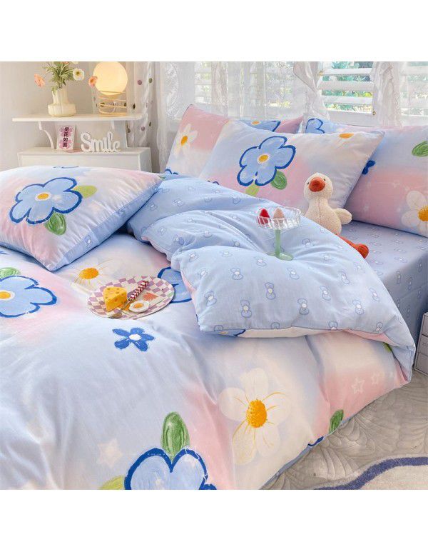 Mengjiuran 60 Thread Count Small Fresh Cotton 4-Piece Set Autumn and Winter Cotton 3-Piece Dormitory Flat Sheet Quilt Cover Fitted Sheet